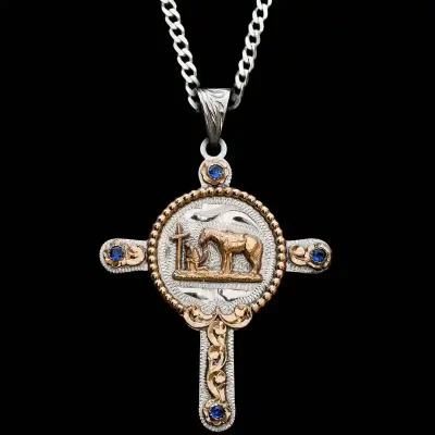 A custom silver cross pendant necklace for men and women, western-inspired design. featuring praying cowboy figure 